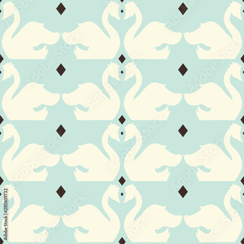 Vector Vintage Swans with Tiles seamless pattern background.