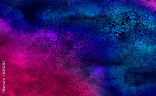 Neon watercolor on black paper background. Vivid ink textured blue, pink and purple color canvas for modern design. Aquarelle smeared abstract cosmic bright vintage dark watercolour illustration.