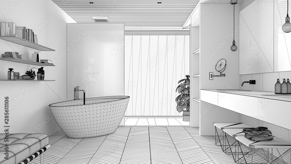 Unfinished project of luxury modern white bathroom with parquet floor and wooden celiling, big window, bathtub, shower and double sink, interior design concept idea