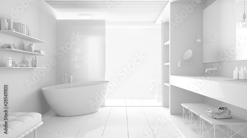 luxury modern white bathroom with parquet floor and wooden celiling  big window  bathtub  shower and double sink  interior design concept idea