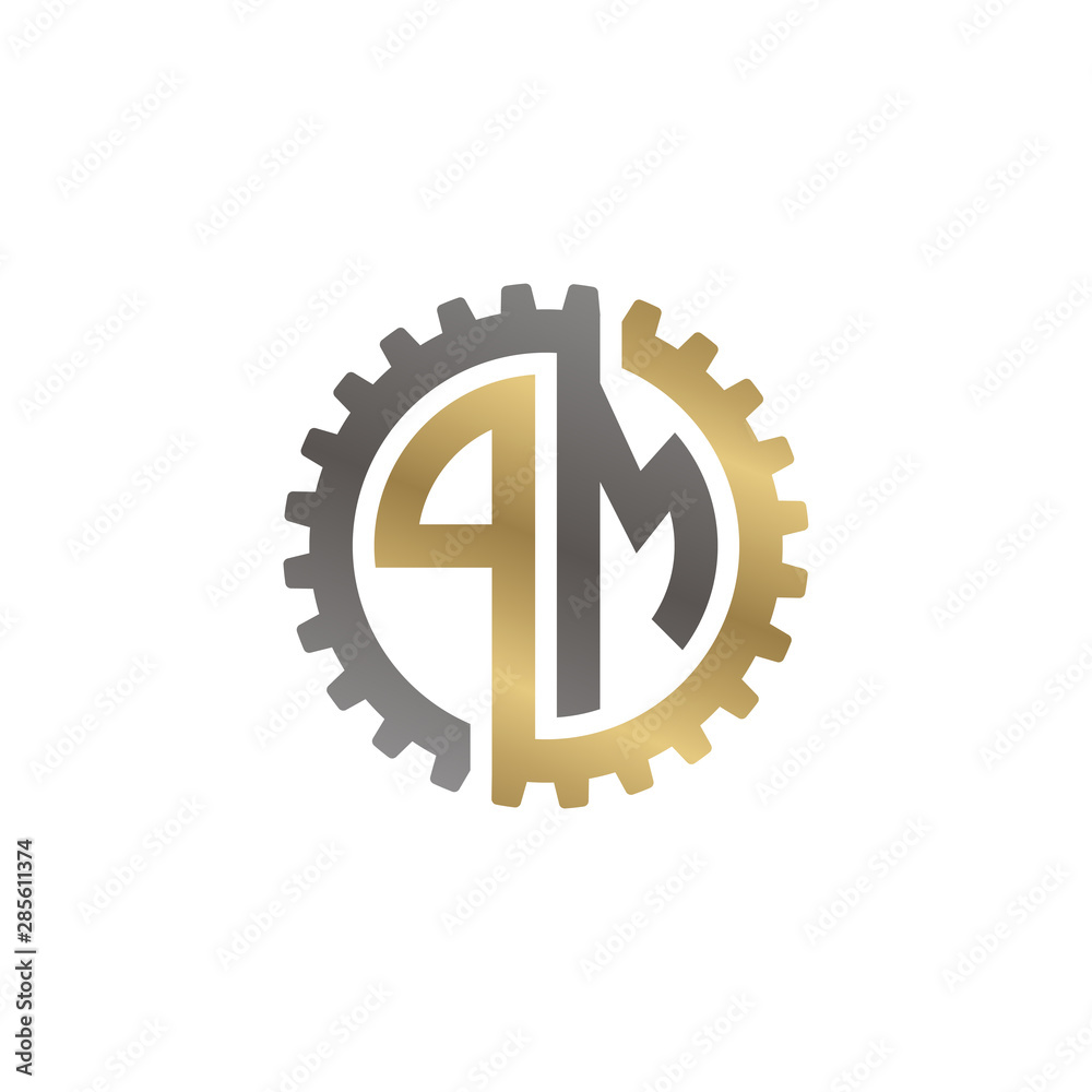 Initial letter P and M, PM, interlock cogwheel gear logo, black gold on white background