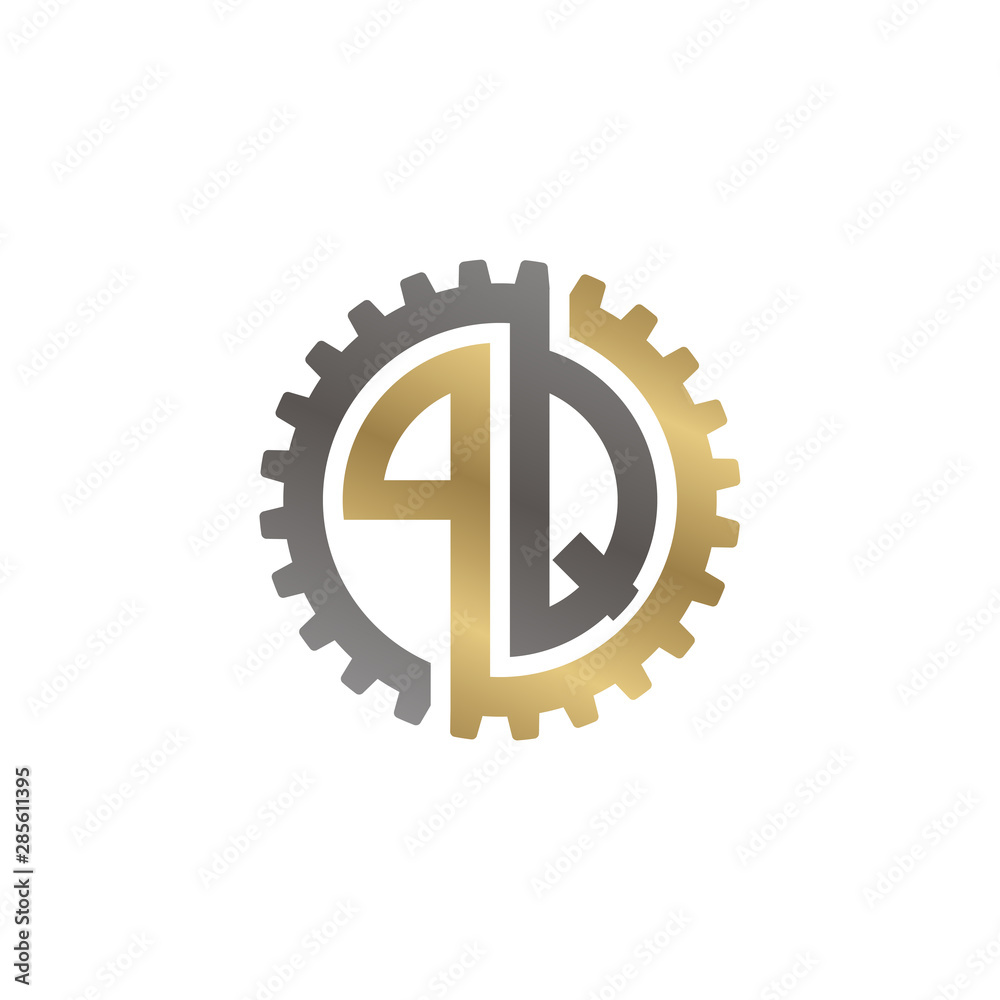 Initial letter P and Q, PQ, interlock cogwheel gear logo, black gold on white background Initial letter P and Q, PQ, interlock cogwheel gear logo, black gold on white background