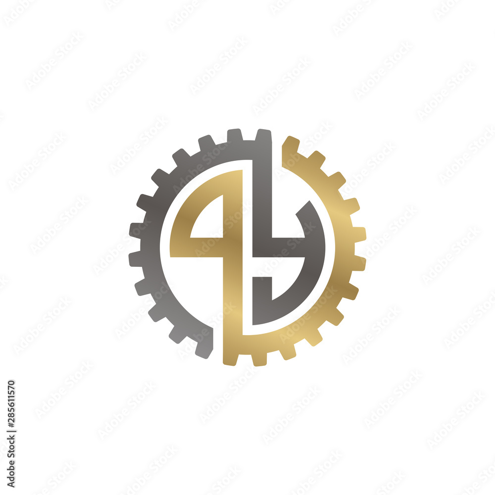 Initial letter P and Y, PY, interlock cogwheel gear logo, black gold on white background Initial letter P and Y, PY, interlock cogwheel gear logo, black gold on white background