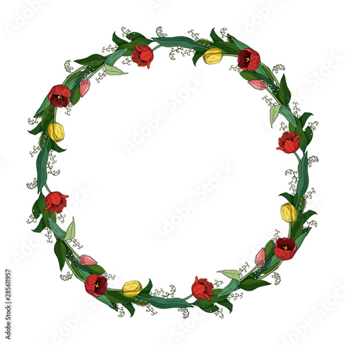 Floral wreath with tulips and lily-of-the-valley. Round frame on white background. Romantic flower elements for season greeting cards, posters, advertisement