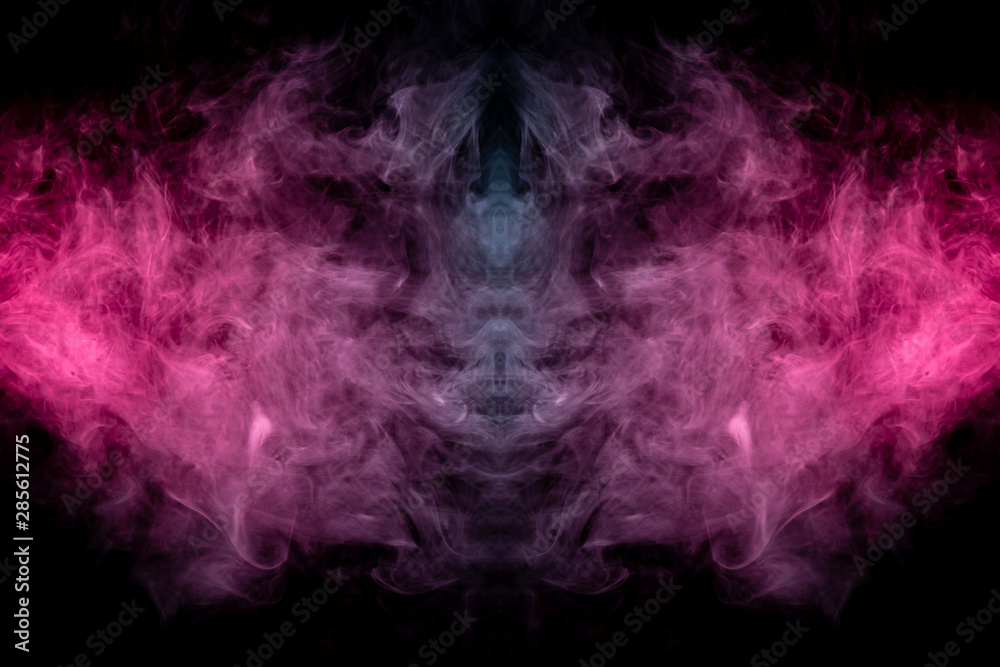 Smoke of different blue, red and pink colors in form of horror in the shape of the head, face and eye with wings on a black isolated background. Soul and ghost in mystical symbol. Print for clothes. Smoke of different blue, red and pink colors in form of horror in the shape of the head, face and eye with wings on a black isolated background. Soul and ghost in mystical symbol. Print for clothes.