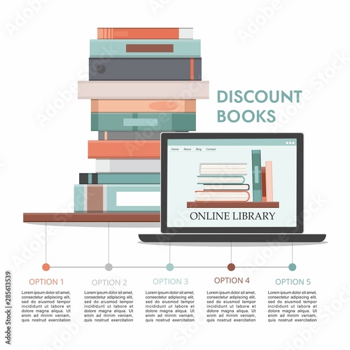 E-learning concept. Education infographic with pile of books and laptop. Vector Illustration