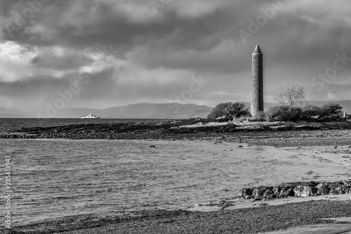 Black & White Largs Foreshore and the Pencil Monument Commemorating the Viking Battle of Largs in 1263. photo