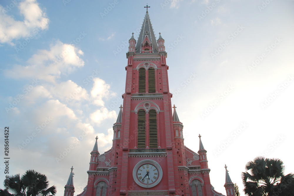 Exterior of Tan Dinh pink church in Ho Chi Minh City, Vietnam 