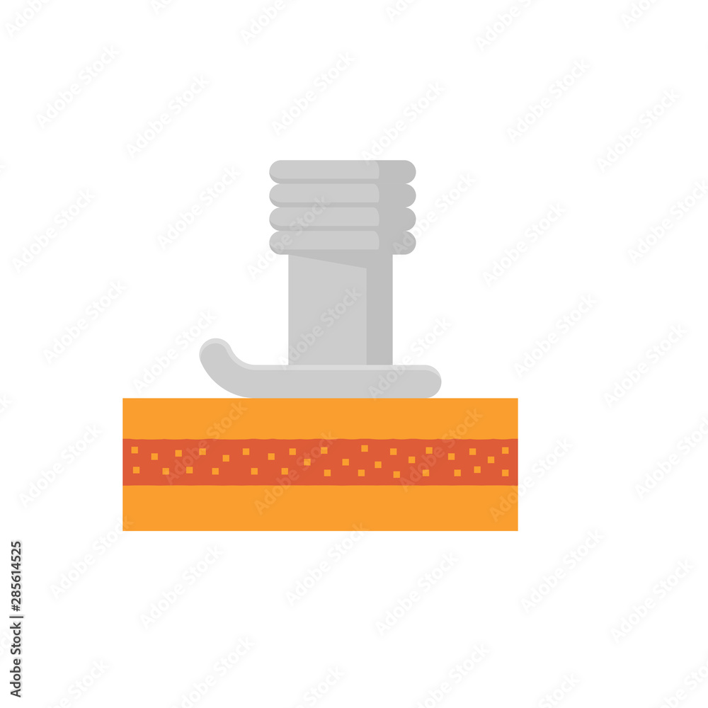Obraz premium Soil compaction icon in gray and orange with upright tamper pressing foot onto ground. Ribbed upper shaft and dotted soil band depict foundation consolidation, construction preparation and earthwork.