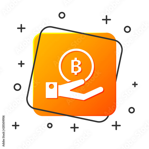 White Hand holding Bitcoin icon isolated on white background. Blockchain technology, digital money market, cryptocoin wallet. Orange square button. Vector Illustration