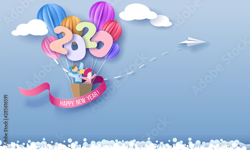 2020 New Year design card with kids flying