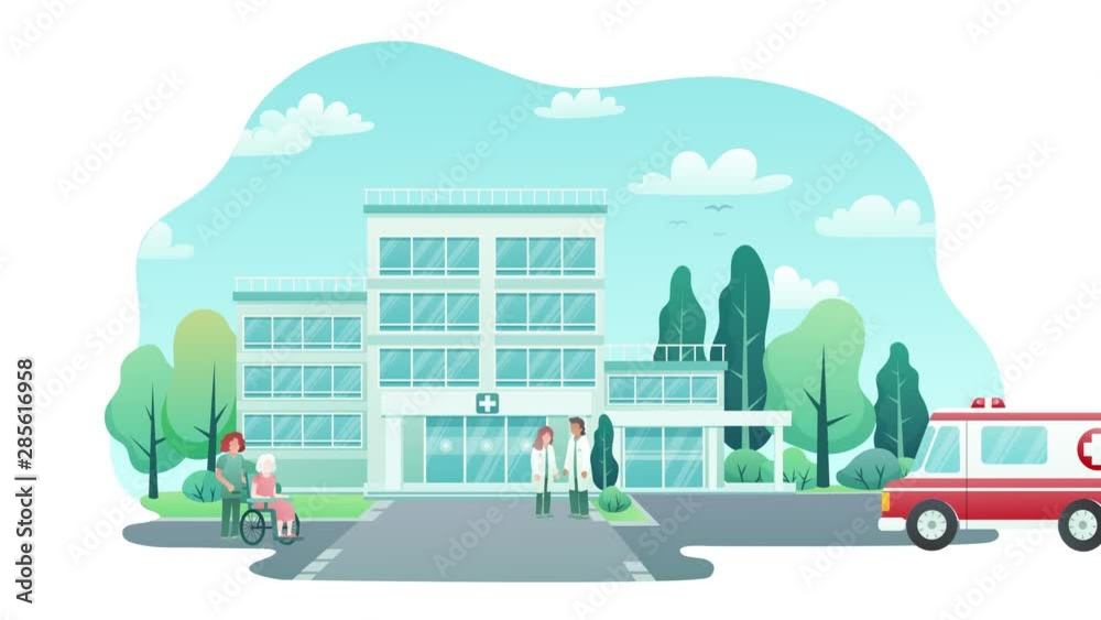 Hospital animation. Ambulance heading to the entrance with doctors and nurse waiting. Flat design 2d  isolated on white background. 