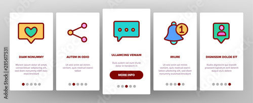 Social Media Onboarding Mobile App Page Screen Vector Thin Line. Internet Social Chat And Message In Smartphone, Web Site Details Like And Bell Mark Linear Pictograms. Illustrations