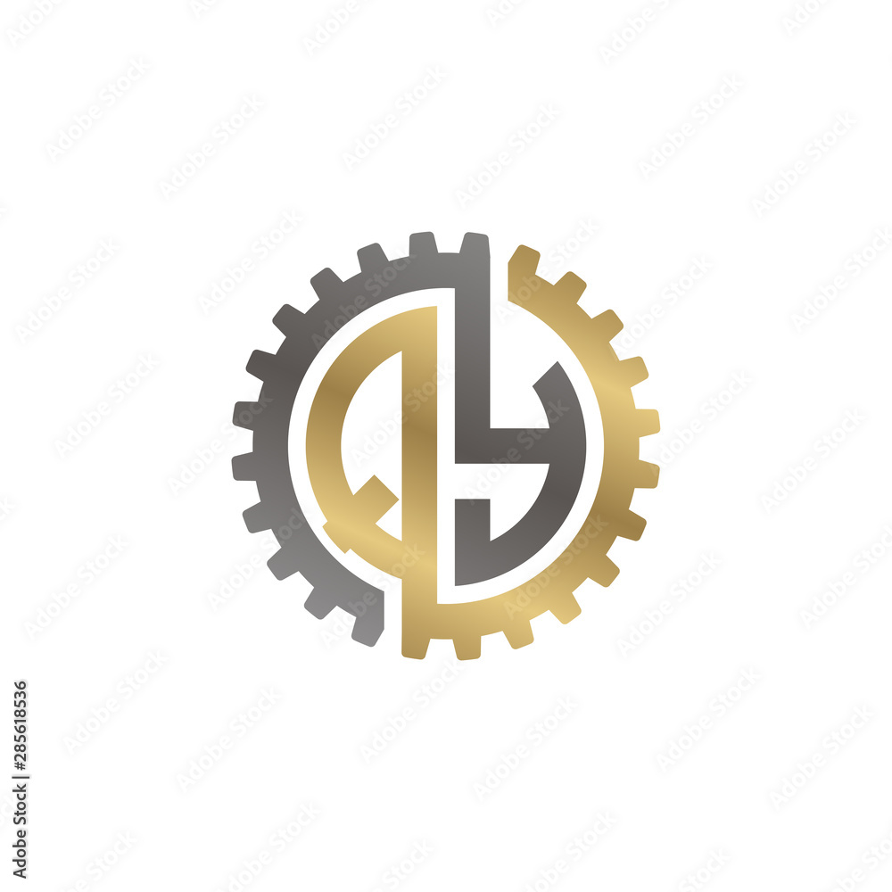 Initial letter Q and Y, QY, interlock cogwheel gear logo, black gold on white background Initial letter Q and Y, QY, interlock cogwheel gear logo, black gold on white background