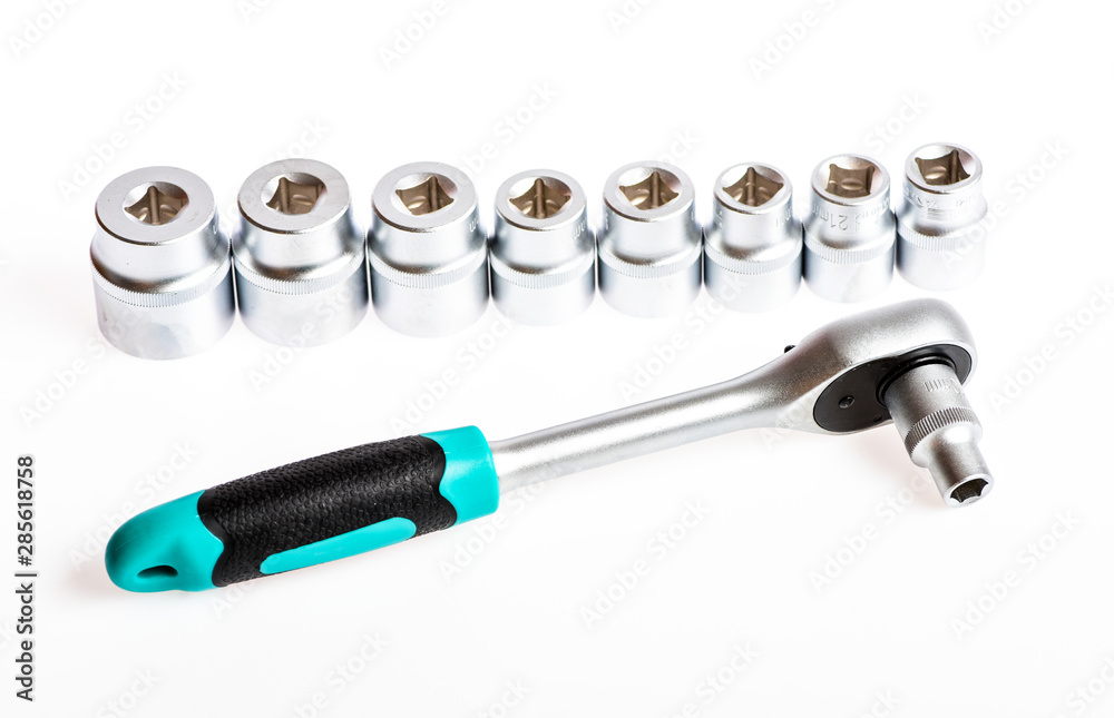 Socket spanner. Kit socket tools. Auto repair shops and construction, repair of agricultural and other equipment or home life. Universal socket sets. Socket wrench set isolated on white background Socket spanner. Kit socket tools. Auto repair shops and construction, repair of agricultural and other equipment or home life. Universal socket sets. Socket wrench set isolated on white background