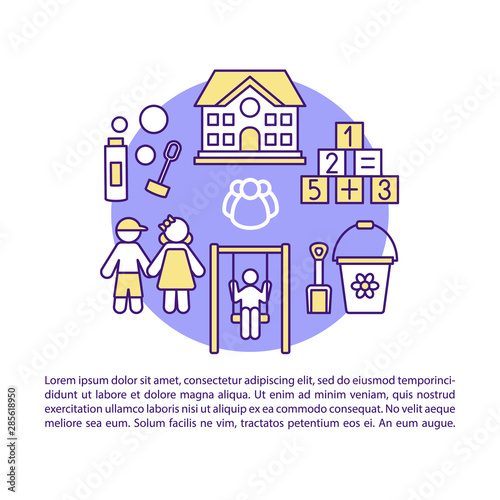 Child camp, after school activity article page vector template. Brochure, magazine, booklet design element with linear icons and text boxes. Print design. Concept illustrations with text space