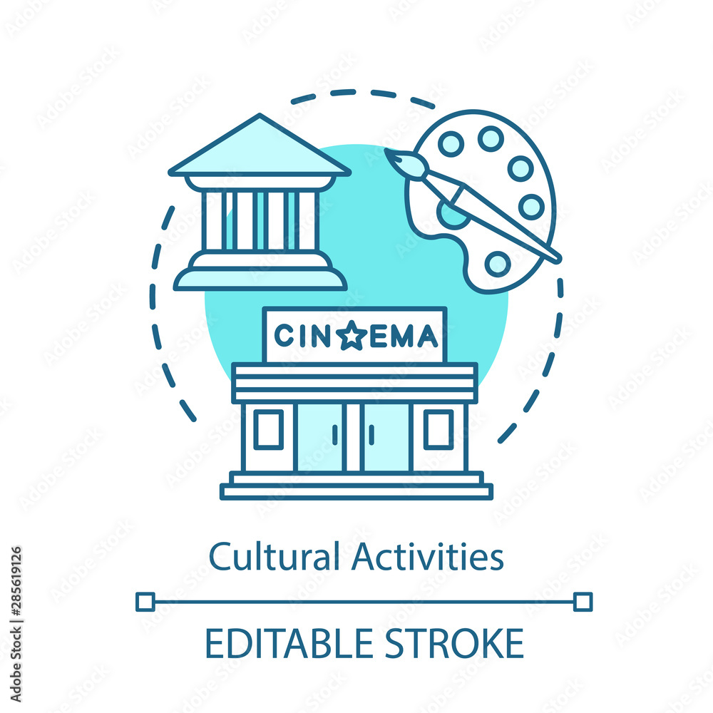 Fototapeta premium Cultural recreation concept icon. Leisure, pastime, entertainment idea thin line illustration. Visiting cinema, city sightseeing tour. Vector isolated outline drawing. Editable stroke
