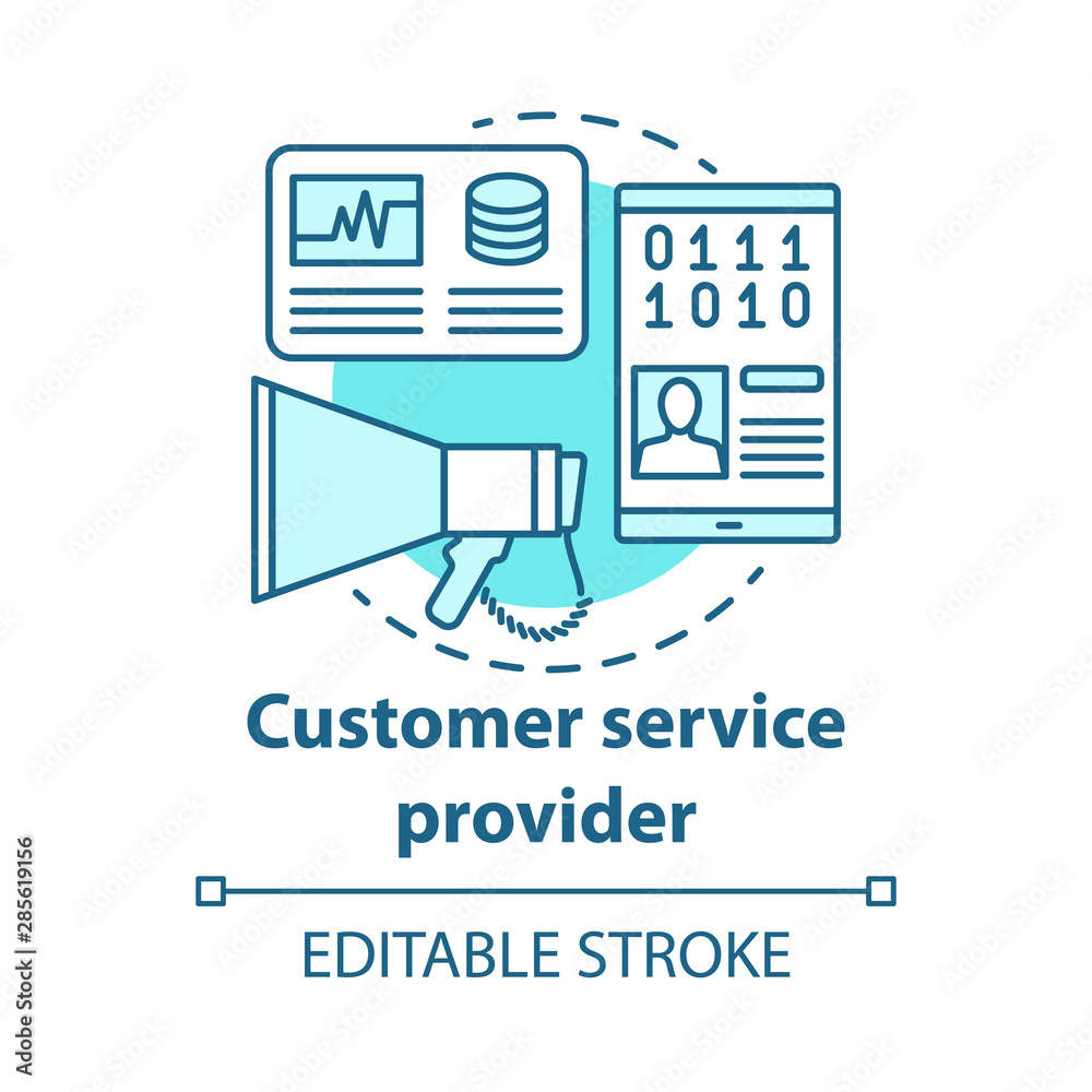 Customer service provider concept icon. Billing idea thin line illustration. Clients assistance. Technical support, hotline and communication. Vector isolated outline drawing. Editable stroke Customer service provider concept icon. Billing idea thin line illustration. Clients assistance. Technical support, hotline and communication. Vector isolated outline drawing. Editable stroke