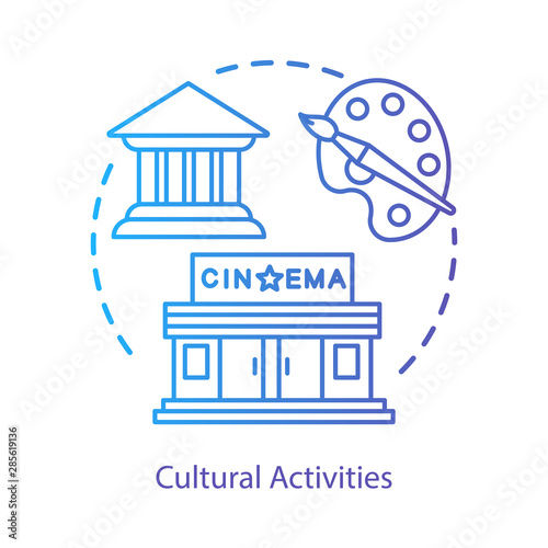 Cultural rest concept icon. Leisure, pastime, entertainment idea thin line illustration. Visiting cinema, having fun. City sightseeing tour. Vector isolated outline drawing. Editable stroke