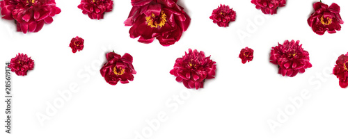 Greeting card mockup. Happy mothers day concept. Fresh pink peonies on white background top view  space for text.