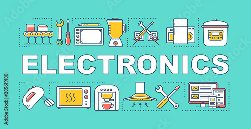 Electronics word concepts banner. Manufacture, maintenance and repair of household appliances. Presentation, website. Isolated lettering typography idea with linear icons. Vector outline illustration