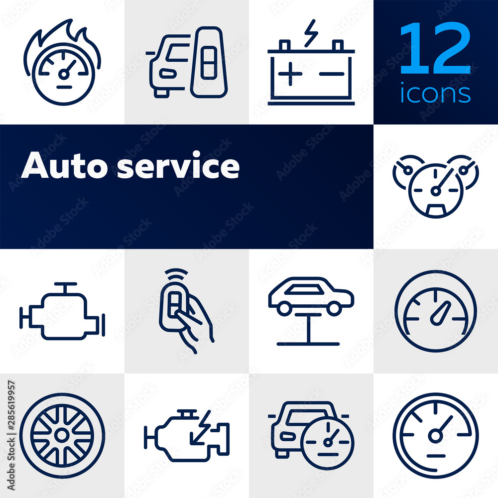 Auto service icon. Set of line icon on white background. Speedometer, engine, wheel. Car mechanics concept. Vector illustration can be used for topics like transportation, service, cars - obrazy, fototapety, plakaty 