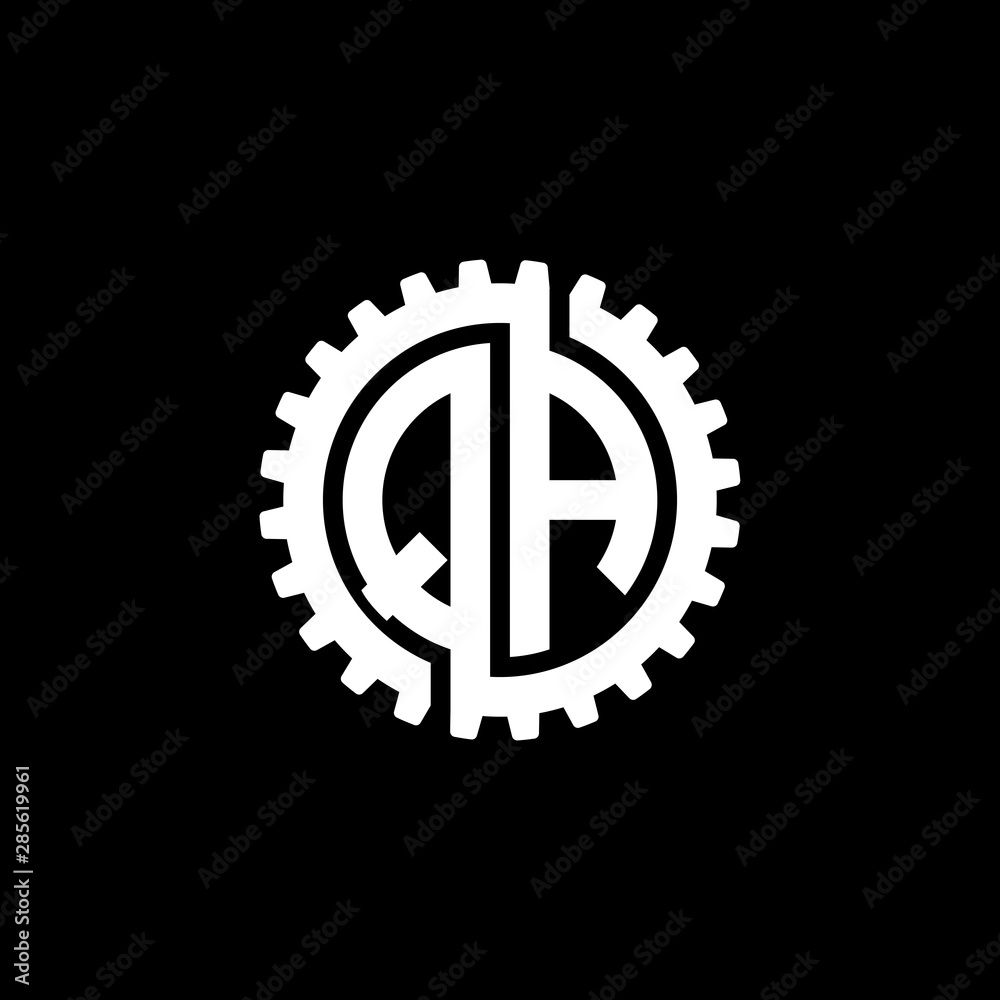 Initial letter Q and A, QA, interlock cogwheel gear monogram logo, white color on black background Initial letter Q and A, QA, interlock cogwheel gear monogram logo, white color on black background