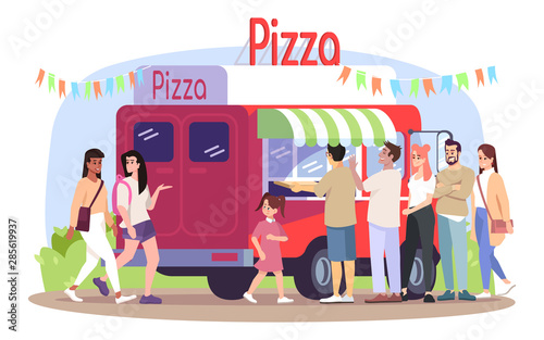 Pizza food truck flat vector illustration. Ready takeaway meal vehicle, buyers. Italian cuisine restaurant on wheels. Pizzeria visitors, walking people isolated cartoon characters on white background