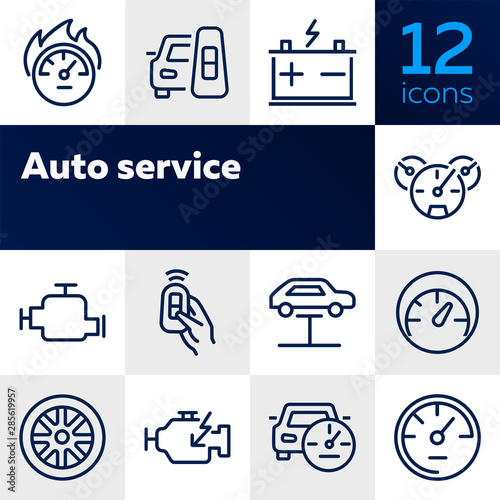 Auto service icon. Set of line icon on white background. Speedometer, engine, wheel. Car mechanics concept. Vector illustration can be used for topics like transportation, service, cars