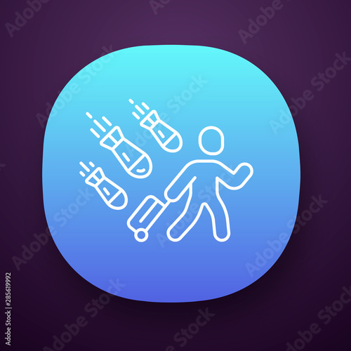 Refugee app icon. Humanitarian aid and evacuation. Travelling abroad. Escaping emigrant. War victim. Illegal immigrant. UI/UX user interface. Web or mobile application. Vector isolated illustration