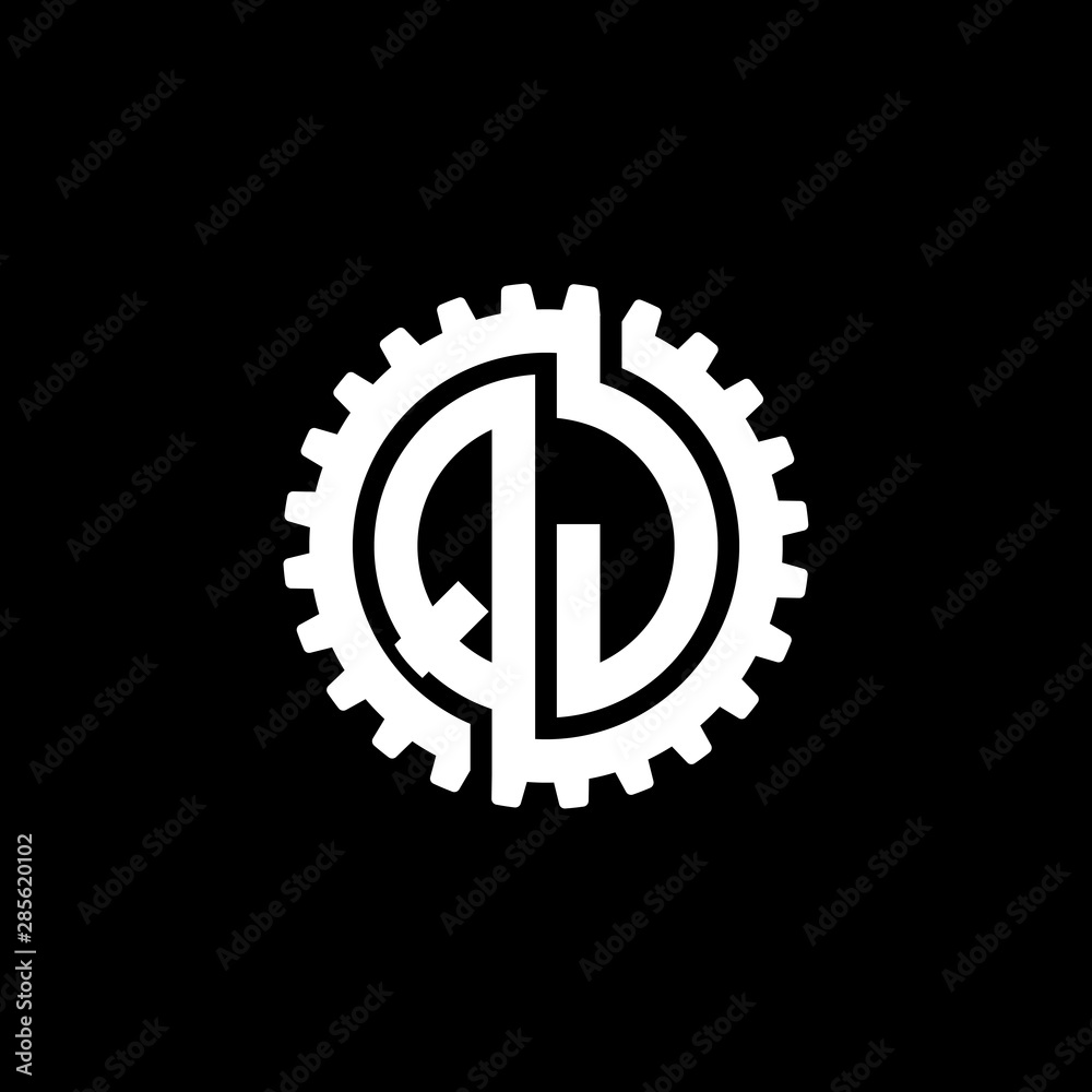 Initial letter Q and J, QJ, interlock cogwheel gear monogram logo, white color on black background Initial letter Q and J, QJ, interlock cogwheel gear monogram logo, white color on black background