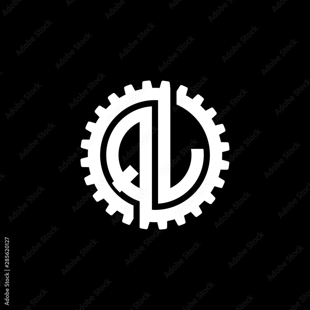 Initial letter Q and L, QL, interlock cogwheel gear monogram logo, white color on black background Initial letter Q and L, QL, interlock cogwheel gear monogram logo, white color on black background