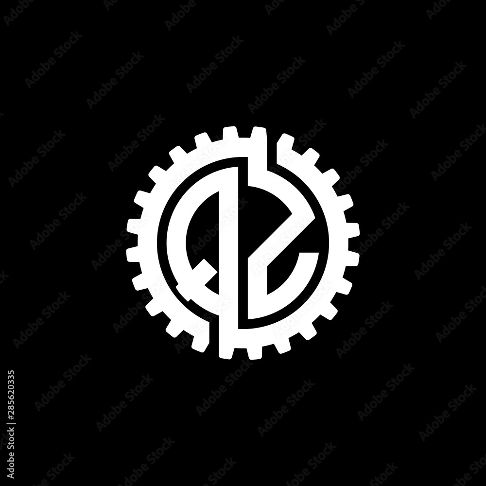 Initial letter Q and Z, QZ, interlock cogwheel gear monogram logo, white color on black background Initial letter Q and Z, QZ, interlock cogwheel gear monogram logo, white color on black background