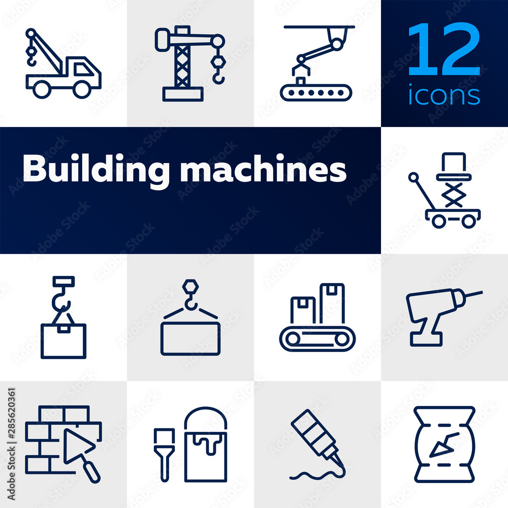 Building machines icons. Set of line icons on white background. Block, engineer, system. Construction concept. Vector illustration can be used for topics like design, manufacturing, industry - obrazy, fototapety, plakaty 