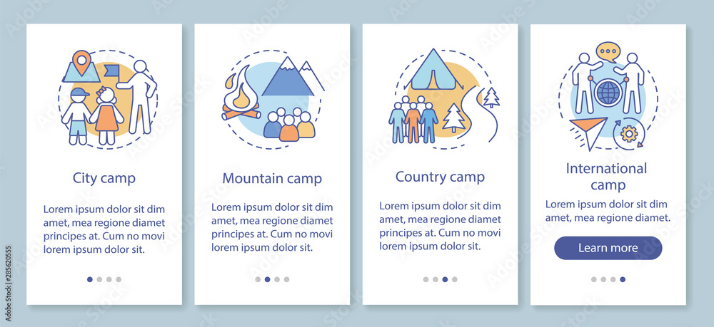 Travelling, nature camps onboarding mobile app page screen with linear concepts. Camping vacation, trip walkthrough steps graphic instructions. UX, UI, GUI vector template with illustrations