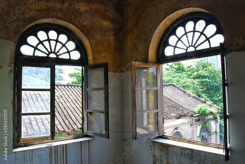 A window in the old fire station of Bangrak in Bangkok  Thailand.