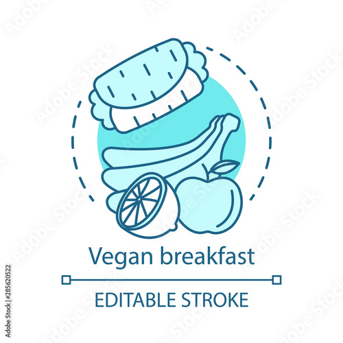 Vegan breakfast, healthy nutrition concept icon. Organic food idea thin line illustration. Fresh apple, ripe bananas, lemon and vegetarian burrito vector isolated outline drawing. Editable stroke