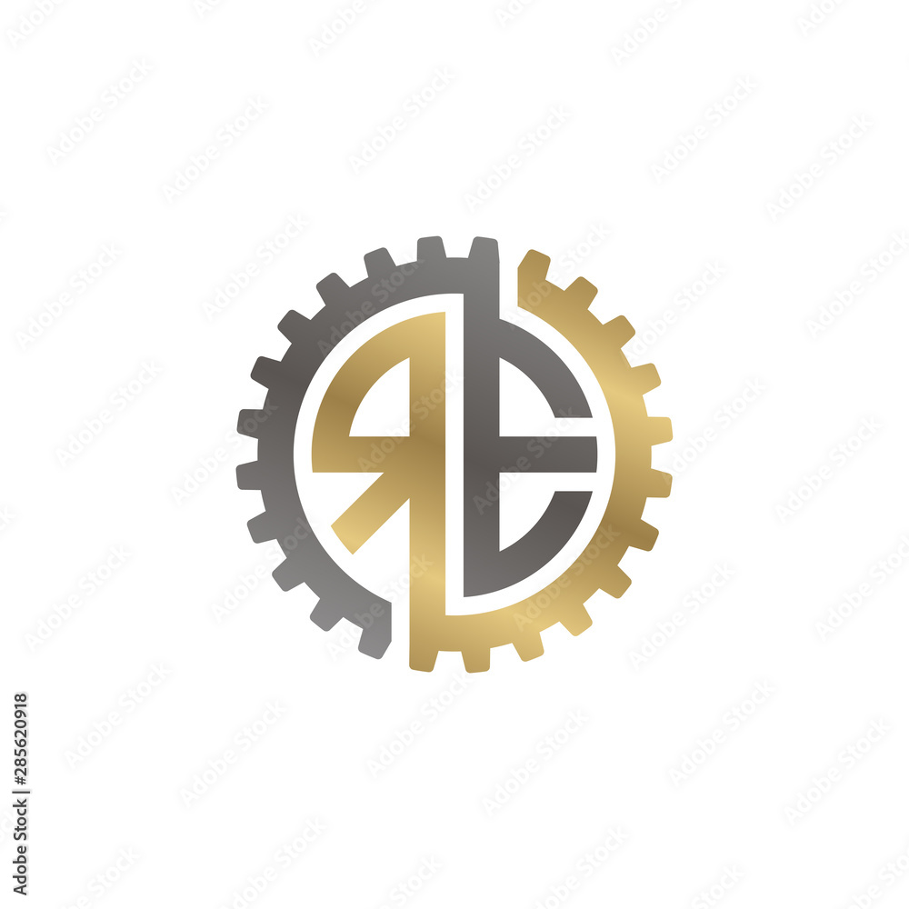 Initial letter R and E, RE, interlock cogwheel gear logo, black gold on white background Initial letter R and E, RE, interlock cogwheel gear logo, black gold on white background