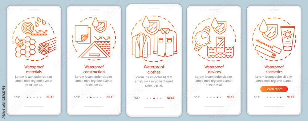 Naklejka premium Waterproof produce onboarding mobile app page screen with linear concepts. Moisture resistant material, cosmetics walkthrough steps graphic instructions. UX, UI, GUI vector template with illustrations