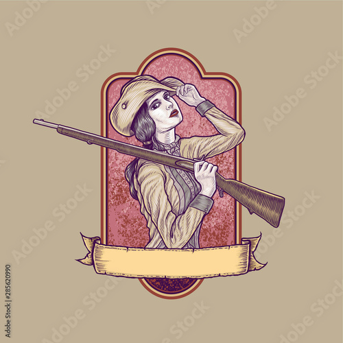 girl holding rifle vintage vector illustration