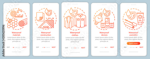 Waterproof produce onboarding mobile app page screen with linear concepts. Moisture resistant material, cosmetics walkthrough steps graphic instructions. UX, UI, GUI vector template with illustrations