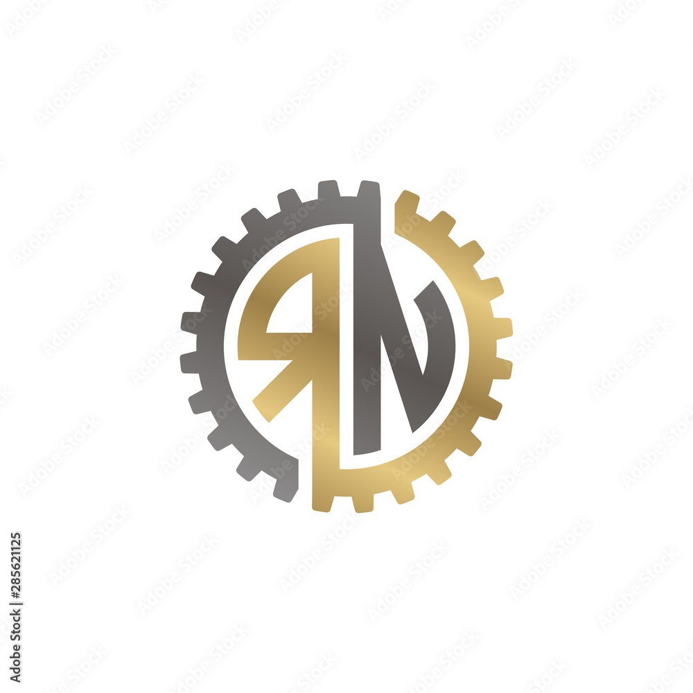Initial letter R and N, RN, interlock cogwheel gear logo, black gold on white background Initial letter R and N, RN, interlock cogwheel gear logo, black gold on white background