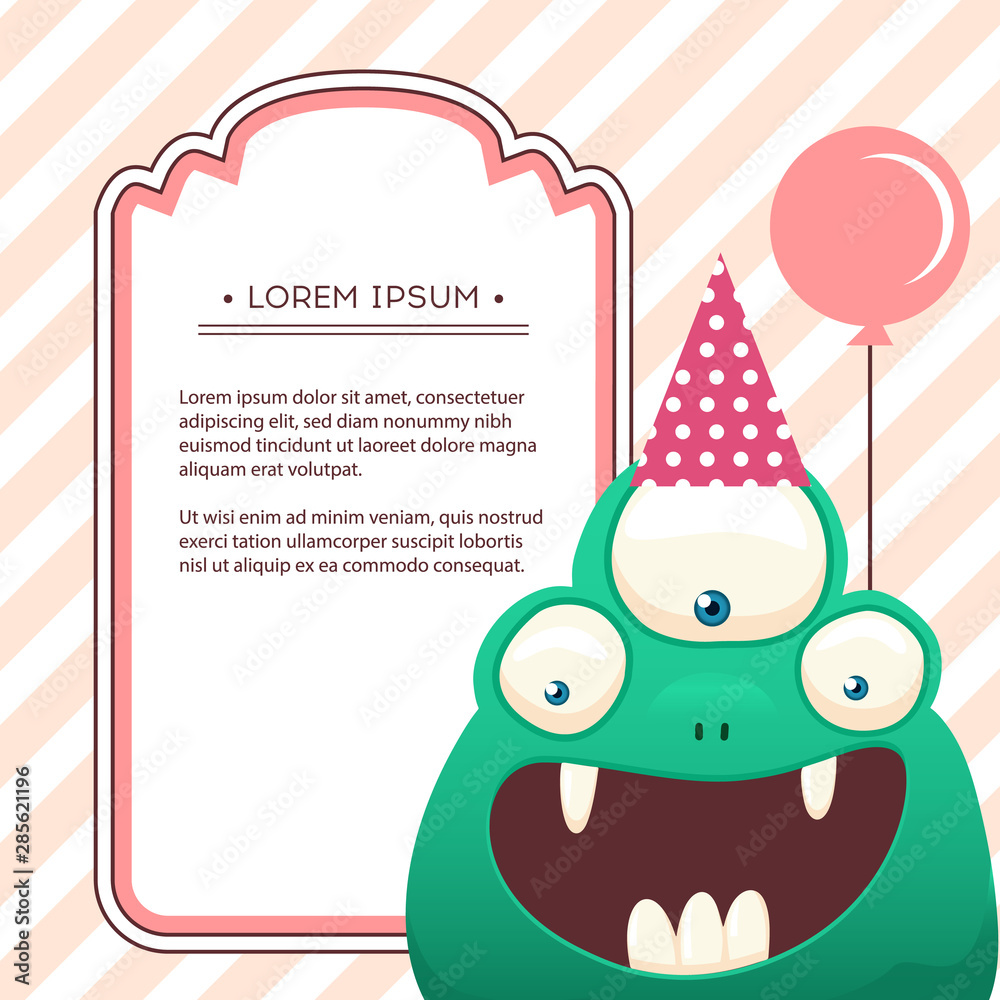 Obraz premium Fun monsters happy birthday card. monster party invitation card design. Vector art.