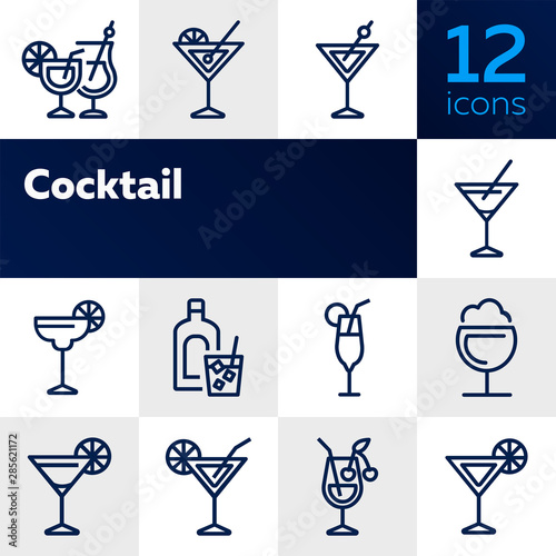 Cocktail line icon set. Vermouth, margarita, pina colada. Alcoholic drinks concept. Can be used for topics like bar, party, celebration