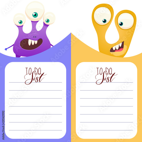 Cute vertical cards with Monsters in cartoon style. Template for card, bookmark, banner. To do List with place for text. Vector.