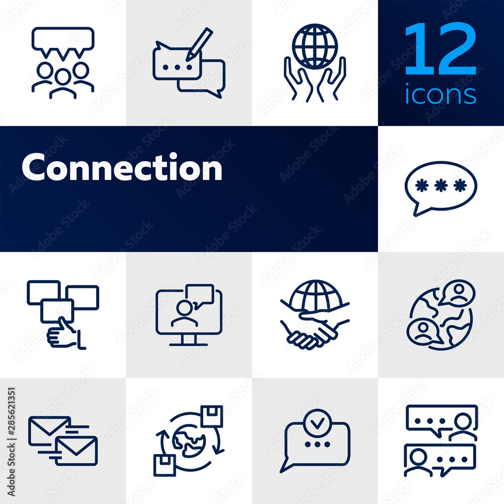 Connection line icon set. Set of line icons on white background. Communication concept. Chat, dialogue, message. Vector illustration can be used for topics like internet, globalization, communication - obrazy, fototapety, plakaty 