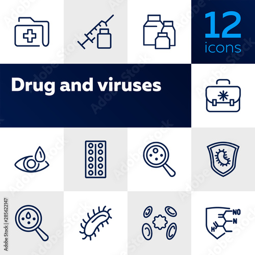 Drug and viruses icons. Set of line icons on white background. Syringe, bacteria, structure. Biology concept. Vector illustration can be used for healthcare, investigation