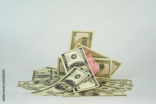 piggy bank with toy dollar bills in White background