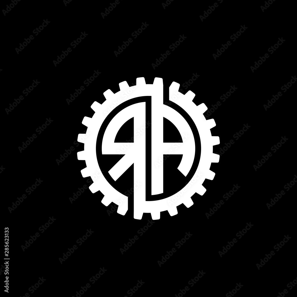 Initial letter R and A, RA, interlock cogwheel gear monogram logo, white color on black background Initial letter R and A, RA, interlock cogwheel gear monogram logo, white color on black background