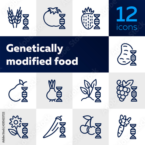 Genetically modified food line icon set. Gene, grain, fruit, vegetables. Food concept. Can be used for topics like genetics, agriculture, GM food